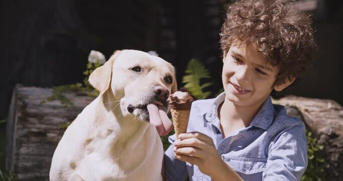 Close up outdoor portrait of happy teen boy feeding his dog with ice cream, resting in summer park, slow motion