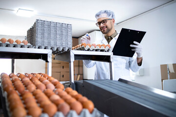 Factory worker holding checklist inspecting and checking quality of chicken eggs at food processing...