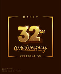 32nd anniversary celebration logotype with handwriting golden color elegant design isolated on dark background. vector anniversary for celebration, invitation card, and greeting card.