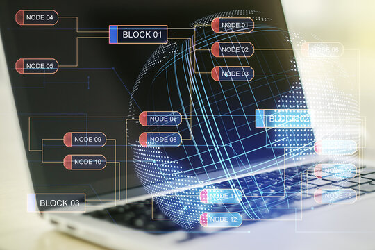 Abstract creative coding concept with world map on modern laptop background. Multiexposure