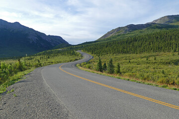 Denali National Park road, rugged landscape with boreal forest, mountains and lakes, Alaska, United States