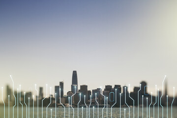 Double exposure of abstract virtual circuit hologram on San Francisco city skyscrapers background....