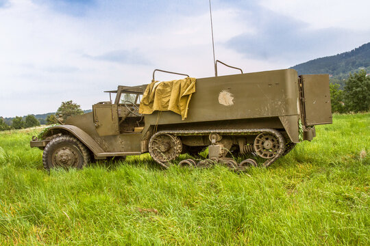 The M5 half-track (officially the Carrier, Personnel, Half-track, M5)  American armored personnel carrier in use during World War II. Reconnaissance and transport vehicle