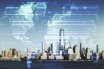 Abstract creative digital world map on New York cityscape background, globalization concept. Multiexposure