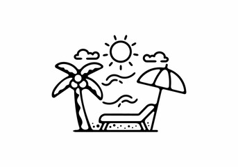 Black line art illustration of beach chair and umbrella