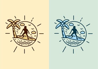 Colorful flat line art illustration of surfing sport