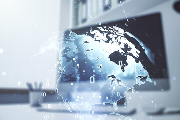 Double exposure of abstract creative programming illustration with world map and modern desk with computer on background, big data and blockchain concept