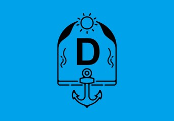 Black line art illustration of D initial letter in anchor frame