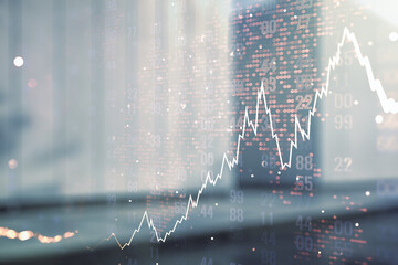 Double exposure of abstract creative financial chart hologram and world map on modern business center exterior background, research and strategy concept