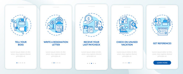 Fototapeta na wymiar Resignation checklist onboarding mobile app page screen with concepts. Job leaving tips walkthrough 5 steps graphic instructions. UI, UX, GUI vector template with linear day mode illustrations