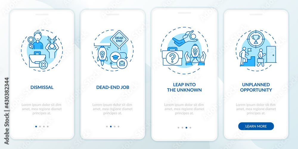 Wall mural job transition reasons onboarding mobile app page screen with concepts. resignation causes walkthrou