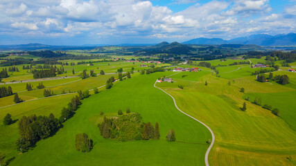 Obraz premium Wonderful Bavarian landscape in the German Alps - Allgau district - aerial view