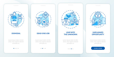 Fototapeta na wymiar Job transition reasons onboarding mobile app page screen with concepts. Resignation causes walkthrough 4 steps graphic instructions. UI, UX, GUI vector template with linear day mode illustrations