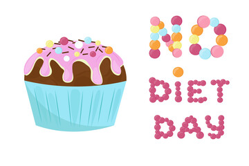 Cake with glaze and decoration. No diet day inscription May 6. Vector illustration. The words are written with a pastry sprinkle