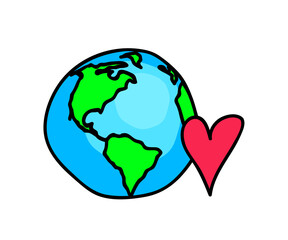 Planet earth and heart on a white background. Environmental protection. Cartoon. Vector illustration.