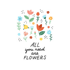 Flower vector set. Floral collection and lettering on white background. Cute botanical illustrations