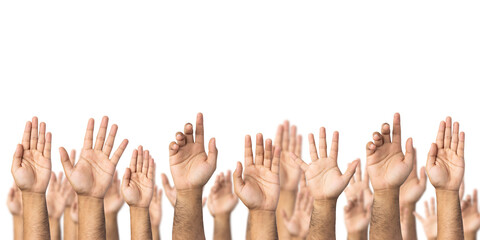 A lot of hand raised up to the air isolated white background. Raise your hand to vote for the...