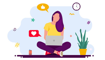 Beautiful woman sitting with laptop computer flat vector illustration. Young girl staying at home and chatting with friends via digital device. Digital technology and entertainment concept.