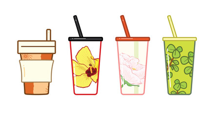 Zero-waste brown, green and blue tumbler illustration in vector, coffee shop