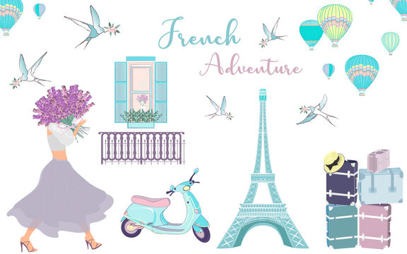 French adventure. Fashion illustration in pastel colors. Romantic design. Girl with lavender flowers.