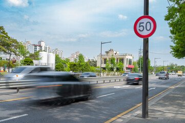 Fototapeta Traffic signs speed limit on the road obraz