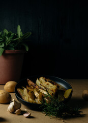 Potato wedges on dark background, cooking process. Process of making a rustic recipe of aromatic baked potatoes. food styling