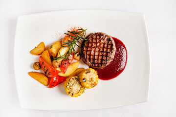 cutlet with grilled vegetables and herbs