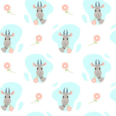Vector seamless pattern with cartoon goats and flowers. Cute funny animals wallpaper. Texture for textile or wrapping paper.