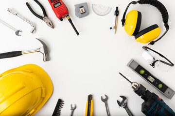 All tools supplies home construction on the white table background Isolated. Building tool repair equipments.