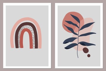 Vector illustration of a rainbow and a leaf in a frame can be printed for wall decoration or room decoration. Scandinavian style.