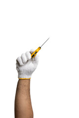 Hands mechanic holding screwdriver tools isolated on white background. With clipping path..