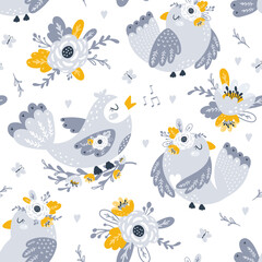 Seamless pattern with flowers and birds. Vecto