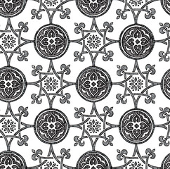 Black and white graphics in a medieval style. Seamless pattern hand-drawn pen