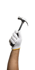 Hands mechanic holding hammer tools isolated on white background. With clipping path.