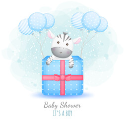 Obraz na płótnie Canvas Baby shower it's a boy. Cute baby zebra in a gift box with balloons Premium Vector
