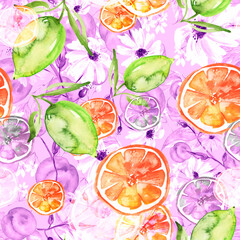 watercolor pattern - flowers, branch, peach, apricot, leaves. Lemon branch, lime. Vintage pattern, abstract splash of paint.A floral pattern with fruits, twigs. calendula flower, chamomile, sunflower.