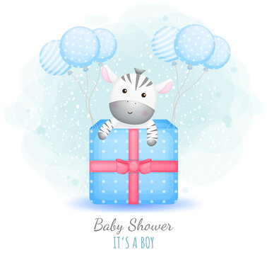 Baby shower it's a boy. Cute baby zebra in a gift box with balloons Premium Vector