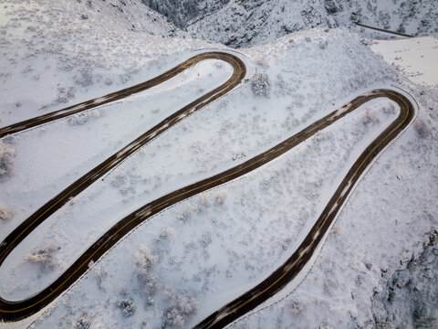 Aerial view of a serpentine road on a mountain in wintertime, Golden, Colorado, United States of America of America.