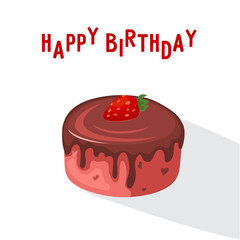 
Chocolate cake. Birthday card. Vector illustration in cartoon style. Sweet dessert. Cake icon