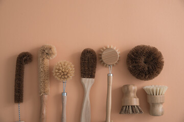 set of zero waste bamboo brushes for dishwashing in minimalistic style