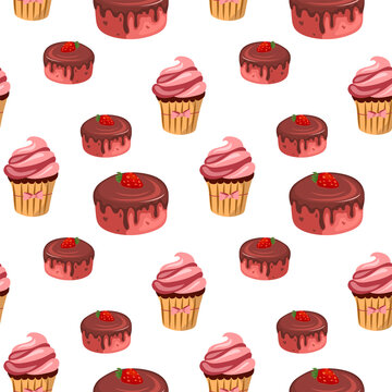 Seamless pattern with chocolate cake and cupcakes. Sweet dessert, endless texture. Vector illustration