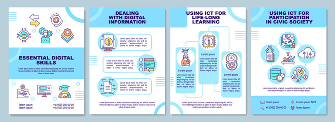 Essential digital skills brochure template. Using ICT for learning. Flyer, booklet, leaflet print, cover design with linear icons. Vector layouts for presentation, annual reports, advertisement pages