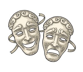 Comedy and tragedy theater masks. Vector engraving vintage color illustration