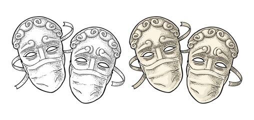 Comedy and tragedy theater disguises with medical masks. Vector engraving
