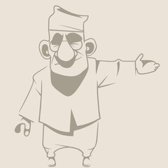 sketch of a cartoon man in a hat pointing to the side