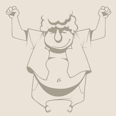 sketch of cartoon curly fat guy happily raising his hands