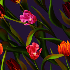 Obraz premium Beautiful tulips seamless pattern. Raster digital illustration on realistic style. Spring flowers, botanical ornament. Colorful design for print, textile, fabrics, wallpaper, decor, background, wrap.