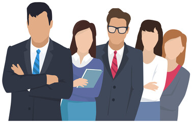 Business team ready to work. Teamwork. Coworkers characters communication. Team building and business partnership. Businessmen people cooperation collaboration. Office workers clerks standing together