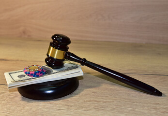 Judge hammer and poker chip for casino game. Justice courtroom. Concept of a court decision in a...