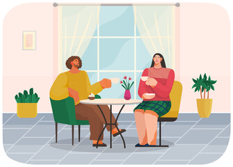 Man and woman sitting at table with coffee in restaurant on date. Married couple drink tea in kitchen at home, sitting at cozy table with bouquet in vase. Friends, colleagues, business meeting